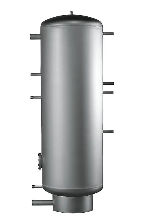 Vertikaler silberner Tank mit mehreren Anschlüssen, hergestellt von Danfoss, geeignet für die Erwärmung von Trinkwasser.
